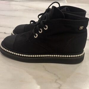Chanel Pearl Lace Up Boots Black CC Logo Sample Rare Runway